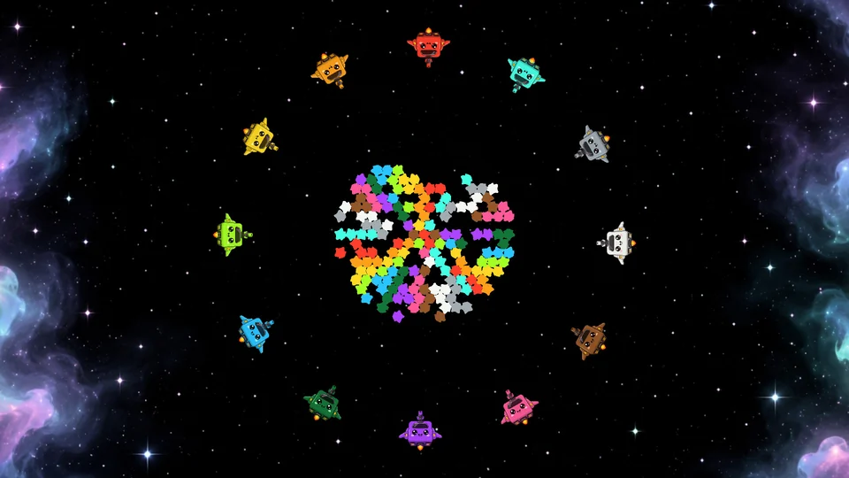 Twelve player-controlled spaceships surrounding a colorful asteroid field